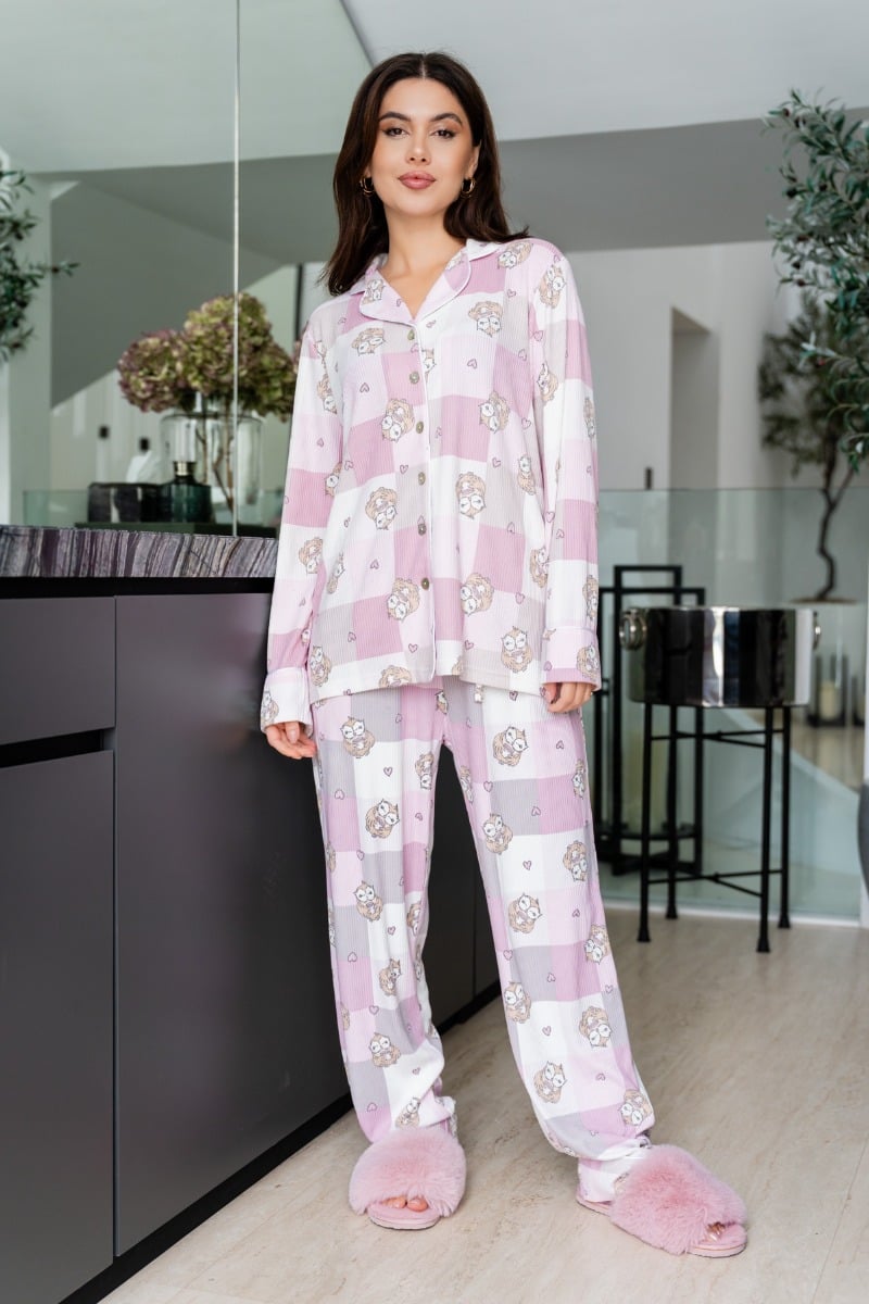 Ladies Mauve Rib Check Owl Printed Button Through PJ