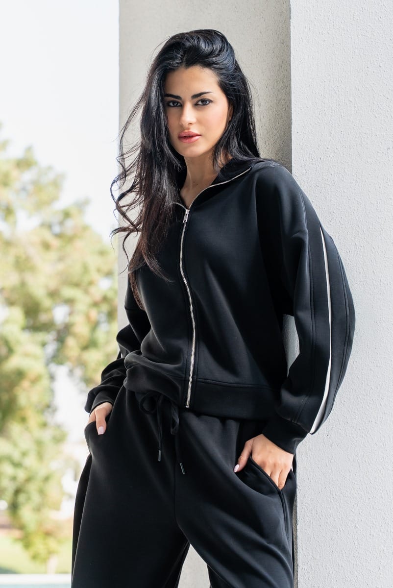 Black Ivory Arm Panel Zip Up Jacket