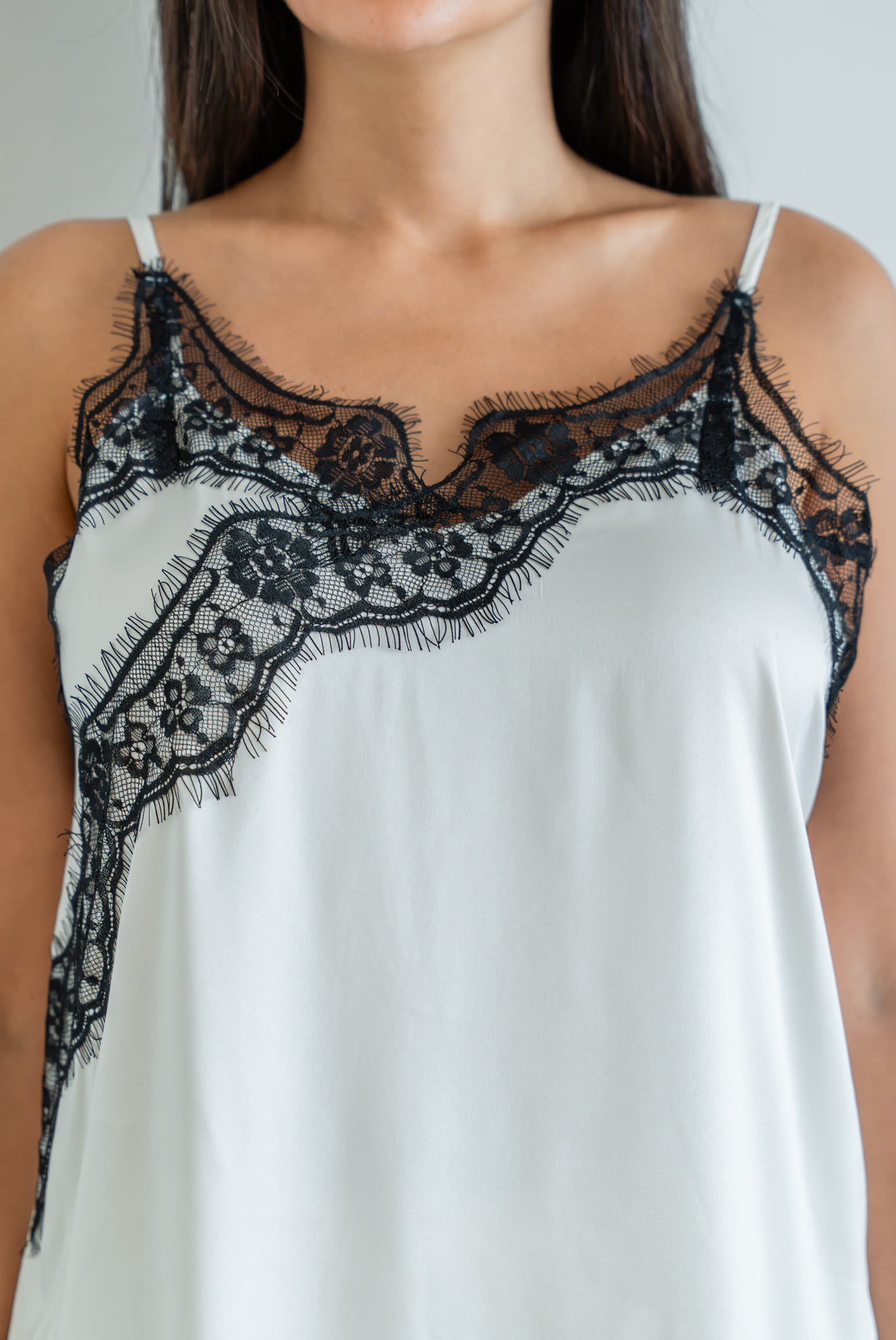 Ladies Ivory Black Lace Satin Cami Top