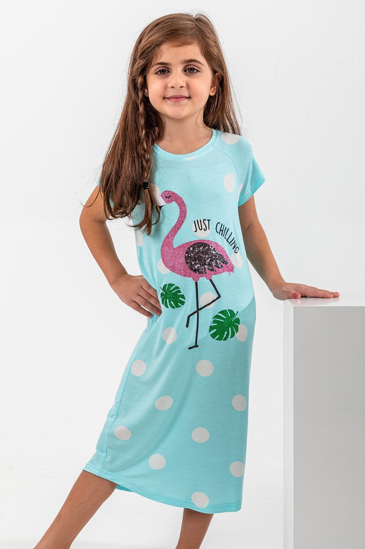 Girls Green Polka Flamingo Night Dress
