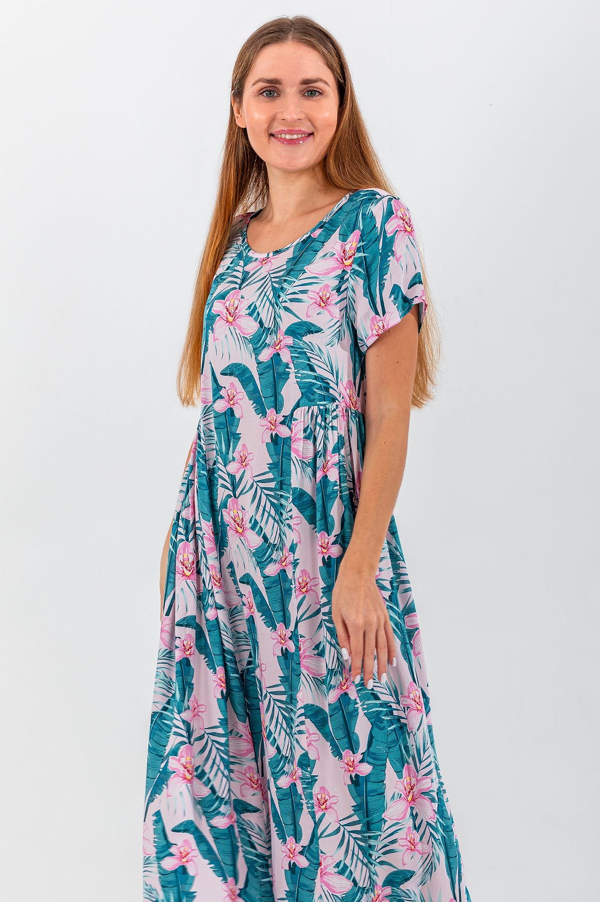 pink dress with green palm leaves MME. PALM Beach GARDEN DRESS main image 0