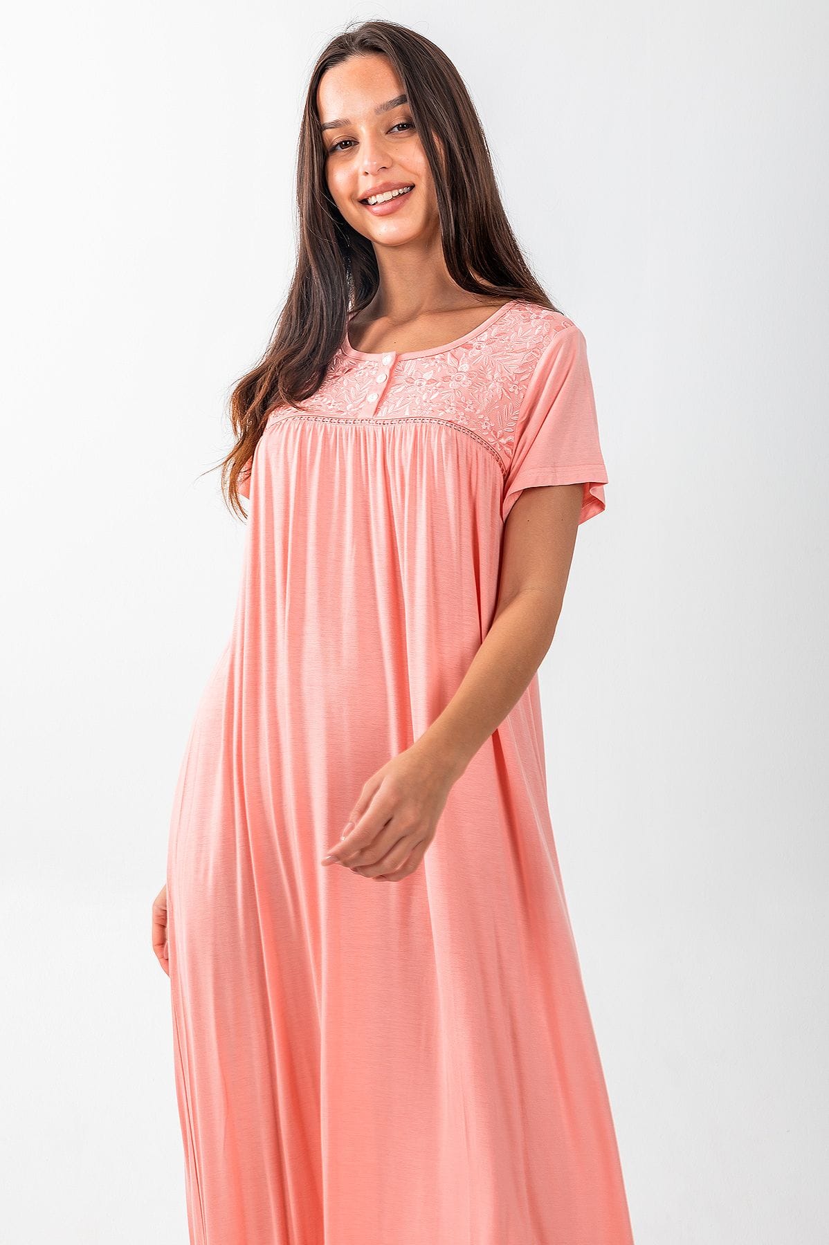 Ladies Peach Embroidery Yoke Night Dress