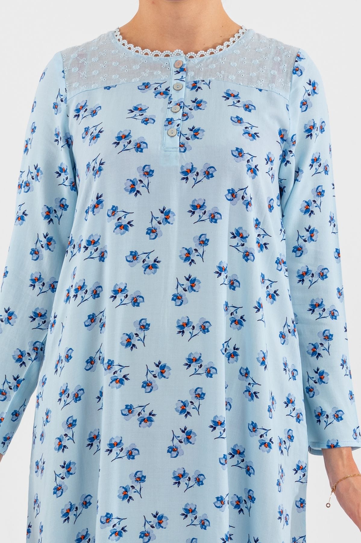 Ladies Light Blue Floral Print Crochet Neck Night Dress