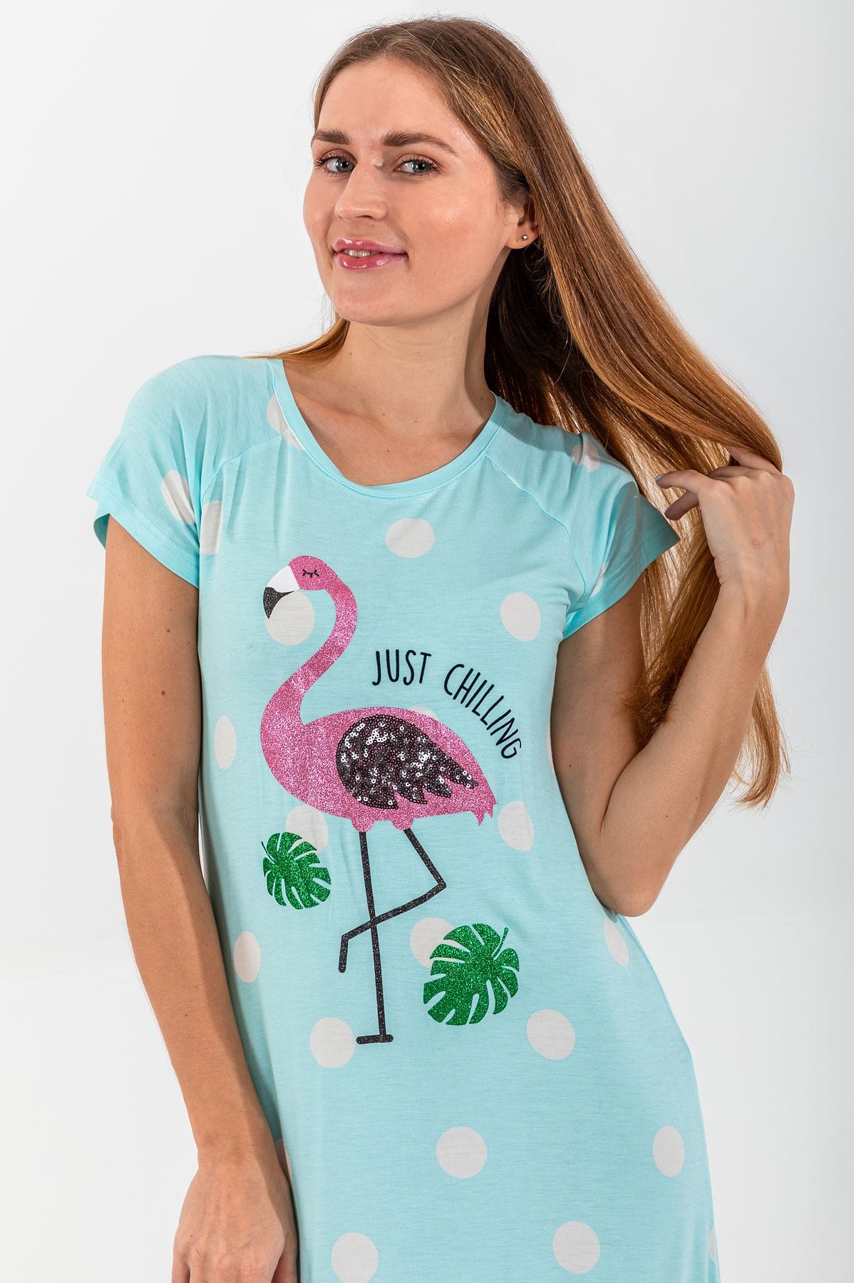 Ladies Green Polka Flamingo Night Dress