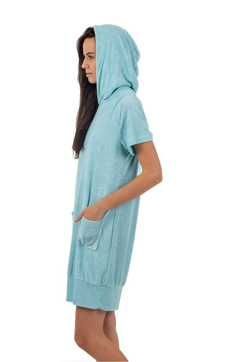 Ladies Aqua Hooded Lounge Towelling Dress