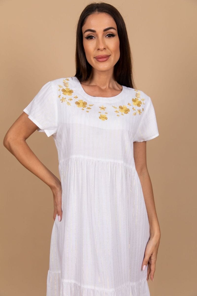 Ladies White & Gold Lurex Stripe Embroidery Dress