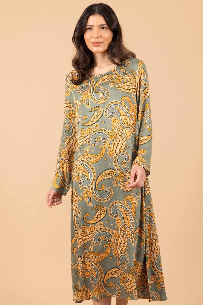 Ladies Dusky Green Paisly Dress Ladies Dusky Green Paisly Dress