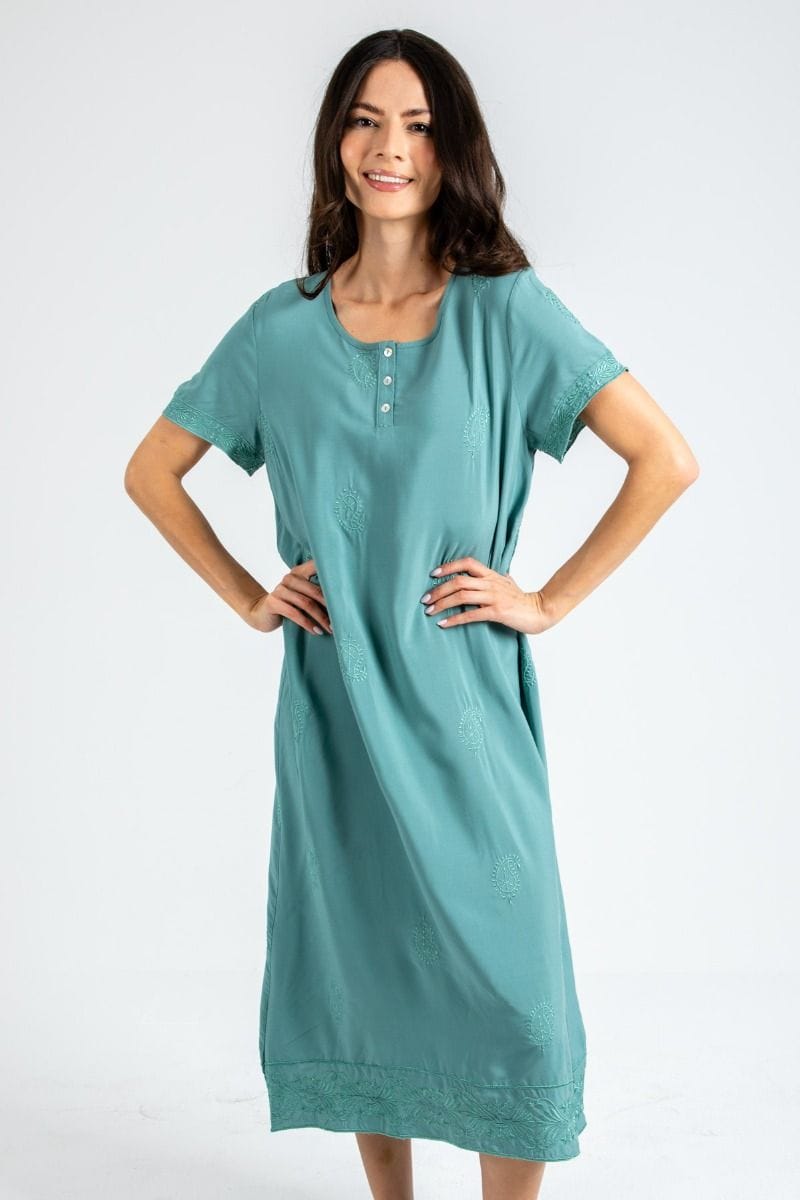 Ladies Dusky Green Embroidery Paisley Dress