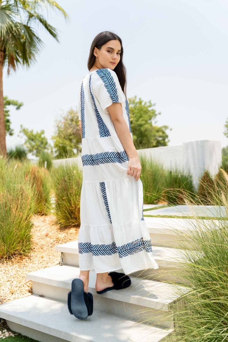 Ladies White Navy Feather Embroidery Pattern Dress