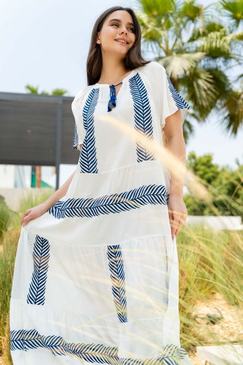 Ladies White Navy Feather Embroidery Pattern Dress