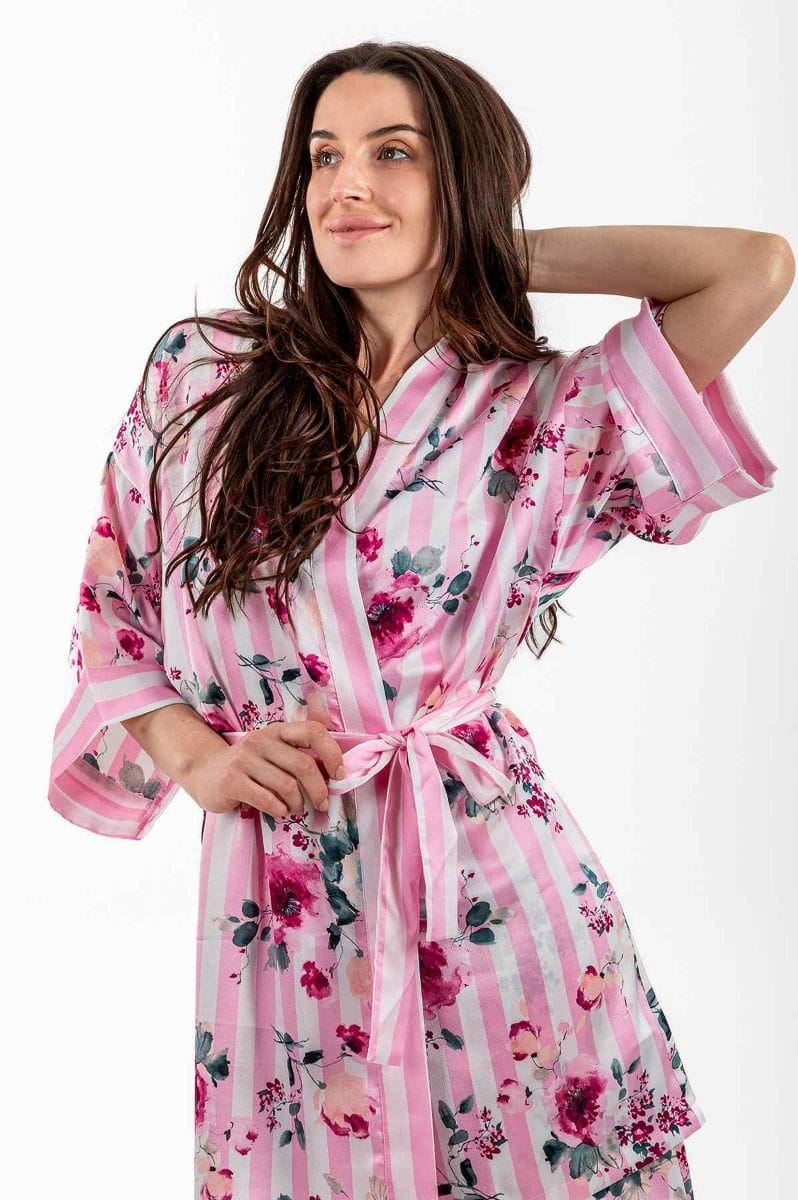 Ladies Pink & White Stripe Floral Robe