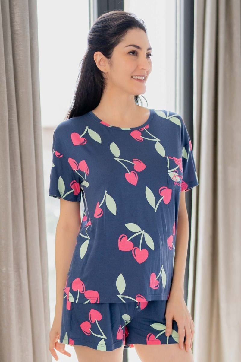 Ladies Navy Cherry Printed Short Set