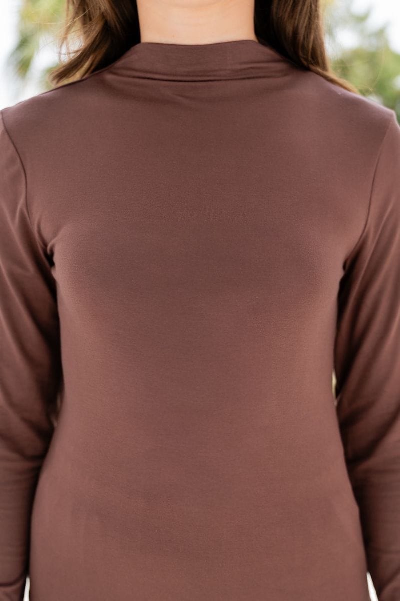 Brown High Neck Long Sleeve Top