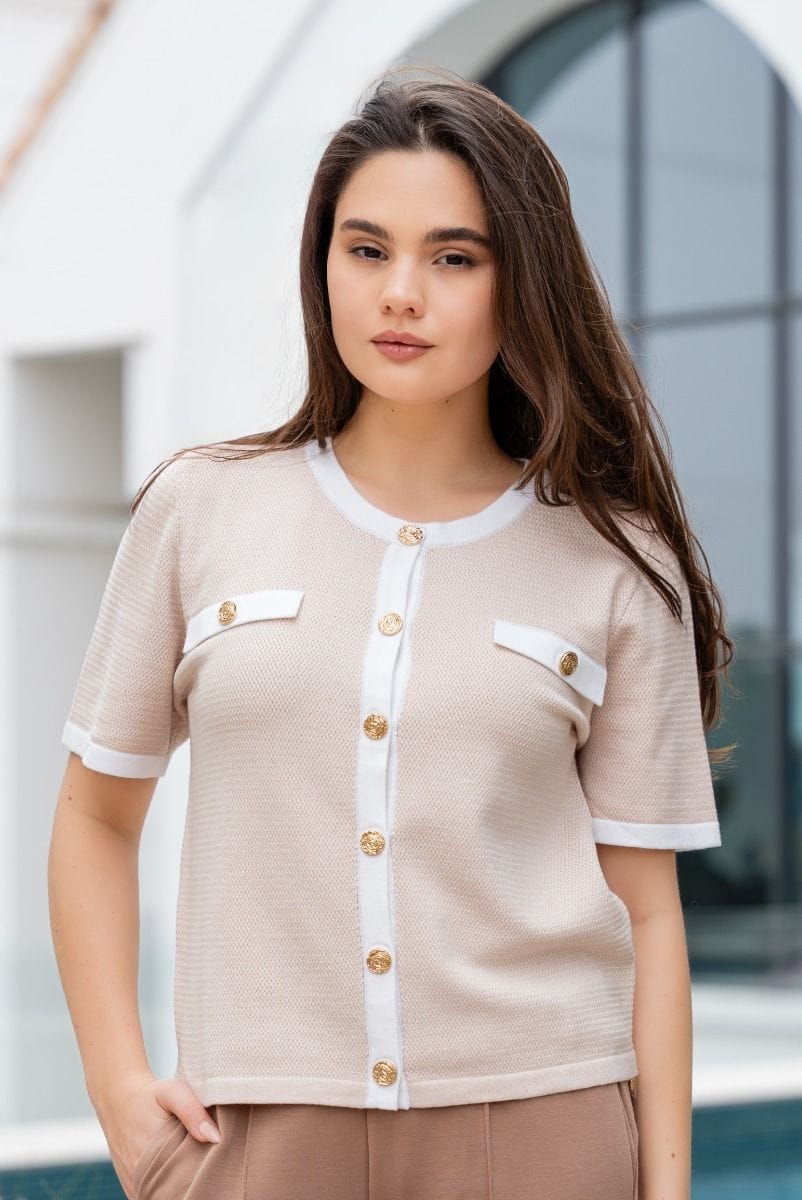 Beige White Trim Textured Knitted Button Top