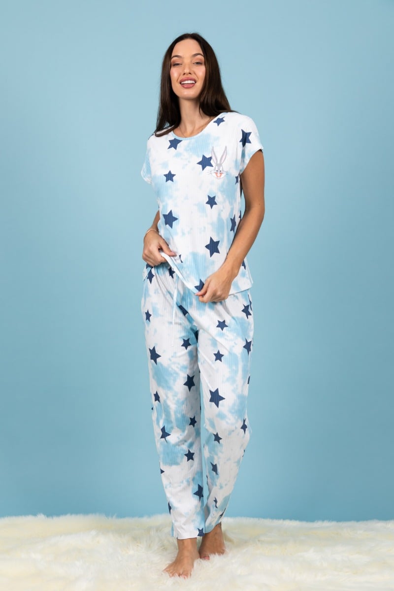 Ladies Blue Bugs Rib Tie Dye Star Printed PJ
