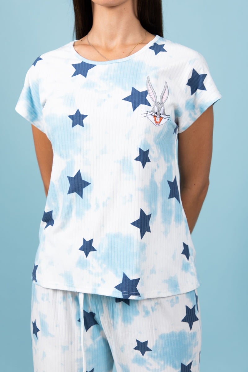 Ladies Blue Bugs Rib Tie Dye Star Printed PJ