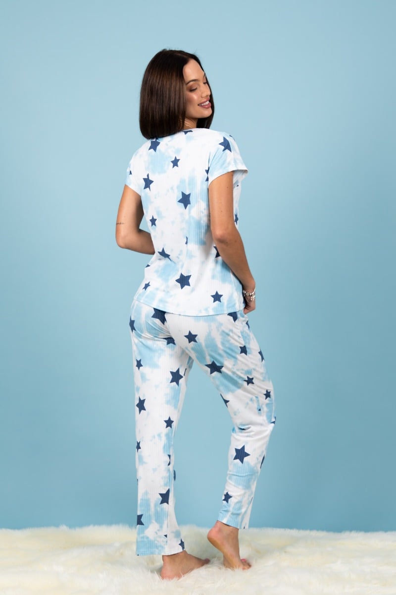 Ladies Blue Bugs Rib Tie Dye Star Printed PJ