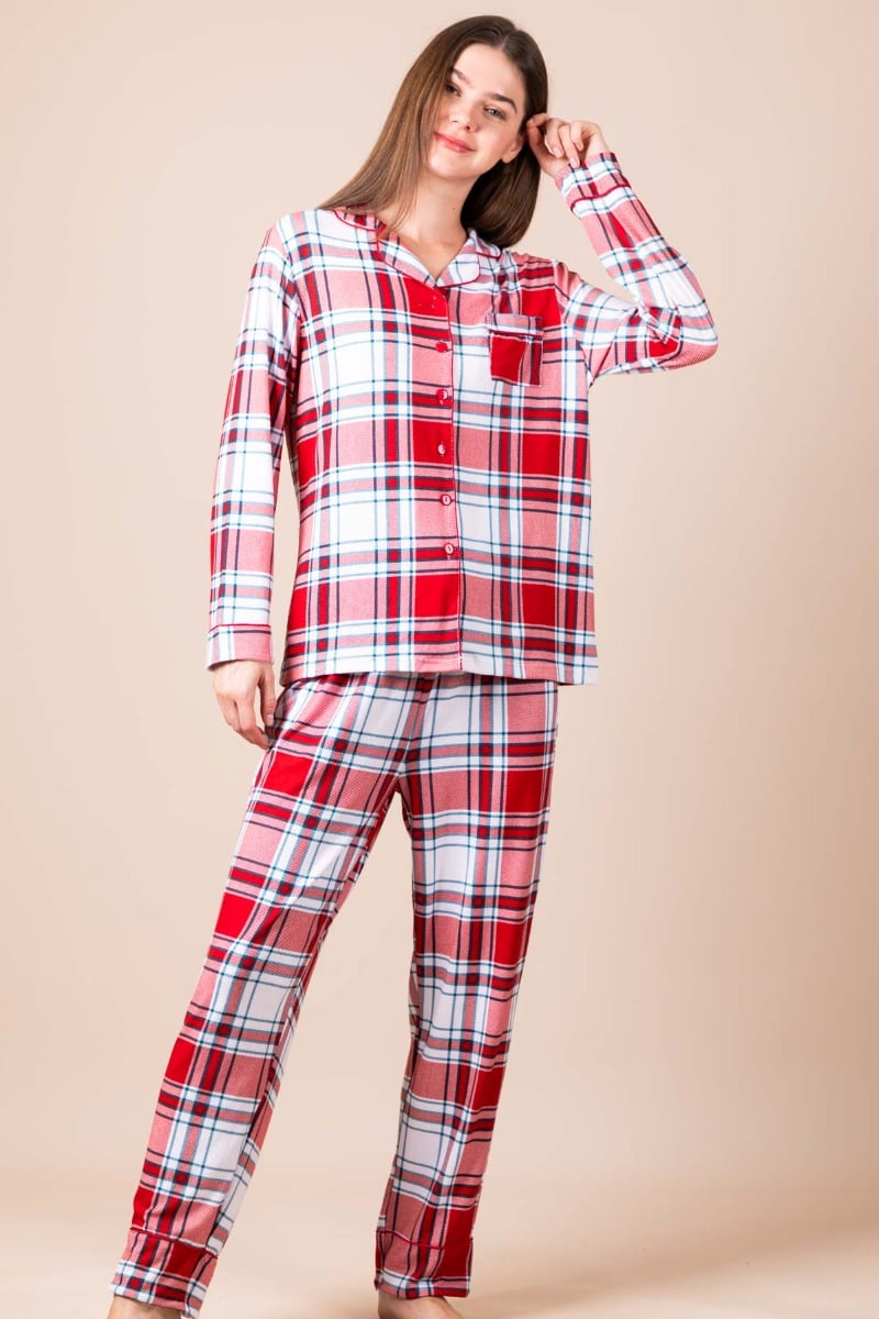 Ladies Red White Green Check Button Through PJ